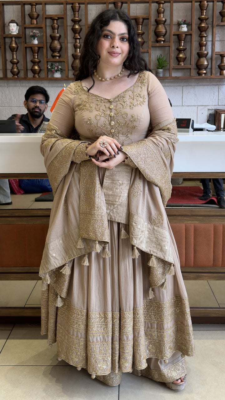 Champagne Beige Designer Anarkali Suit Set with Embroidered Dupatta