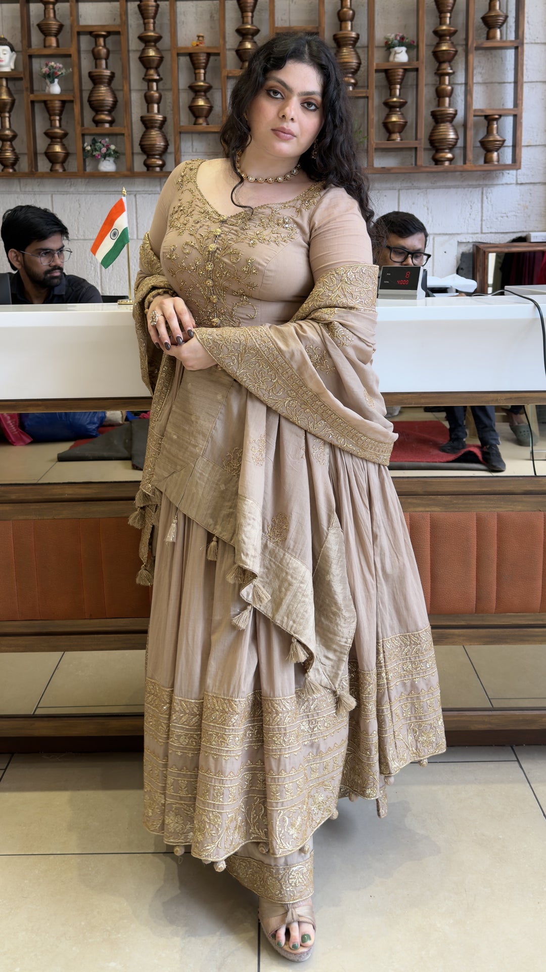 Champagne Beige Designer Anarkali Suit Set with Embroidered Dupatta