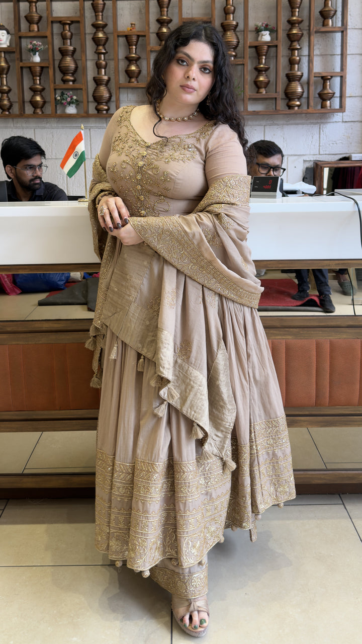Champagne Beige Designer Anarkali Suit Set with Embroidered Dupatta
