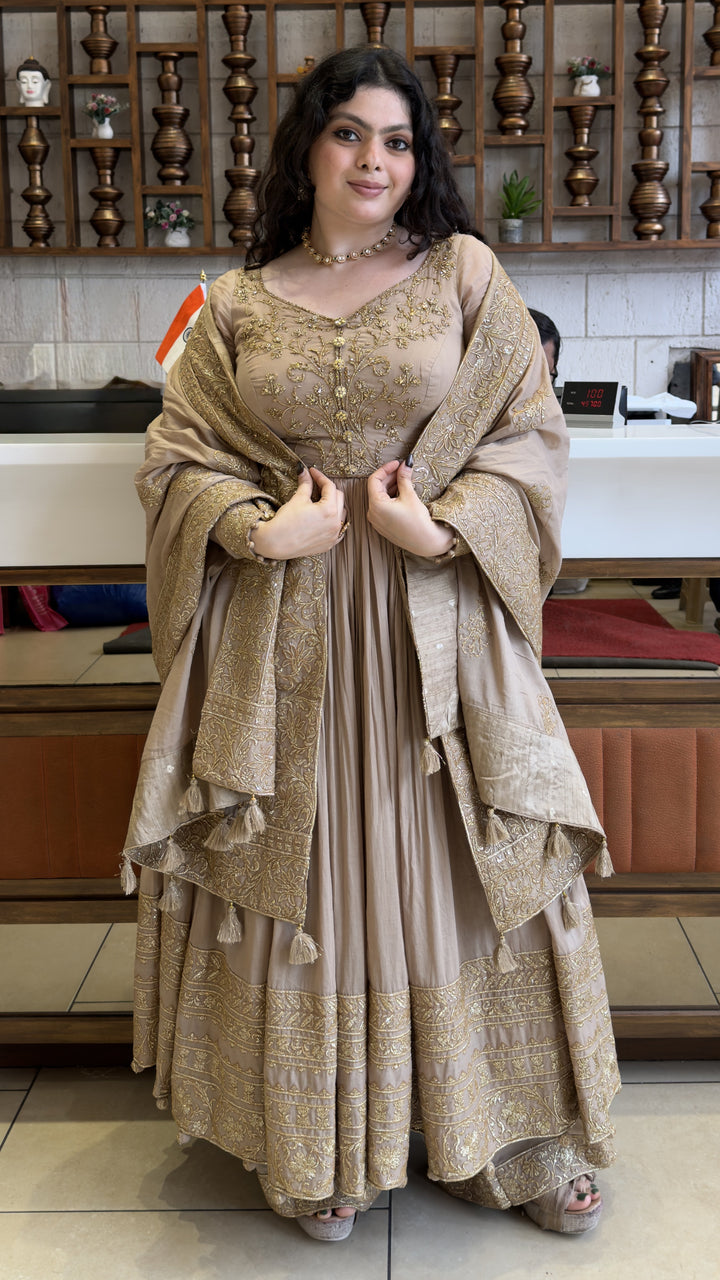 Champagne Beige Designer Anarkali Suit Set with Embroidered Dupatta