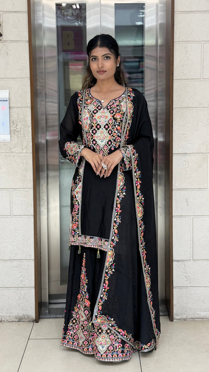 Black Embroidered Anarkali Suit Set with Multicolor Floral Threadwork & Statement Dupatta