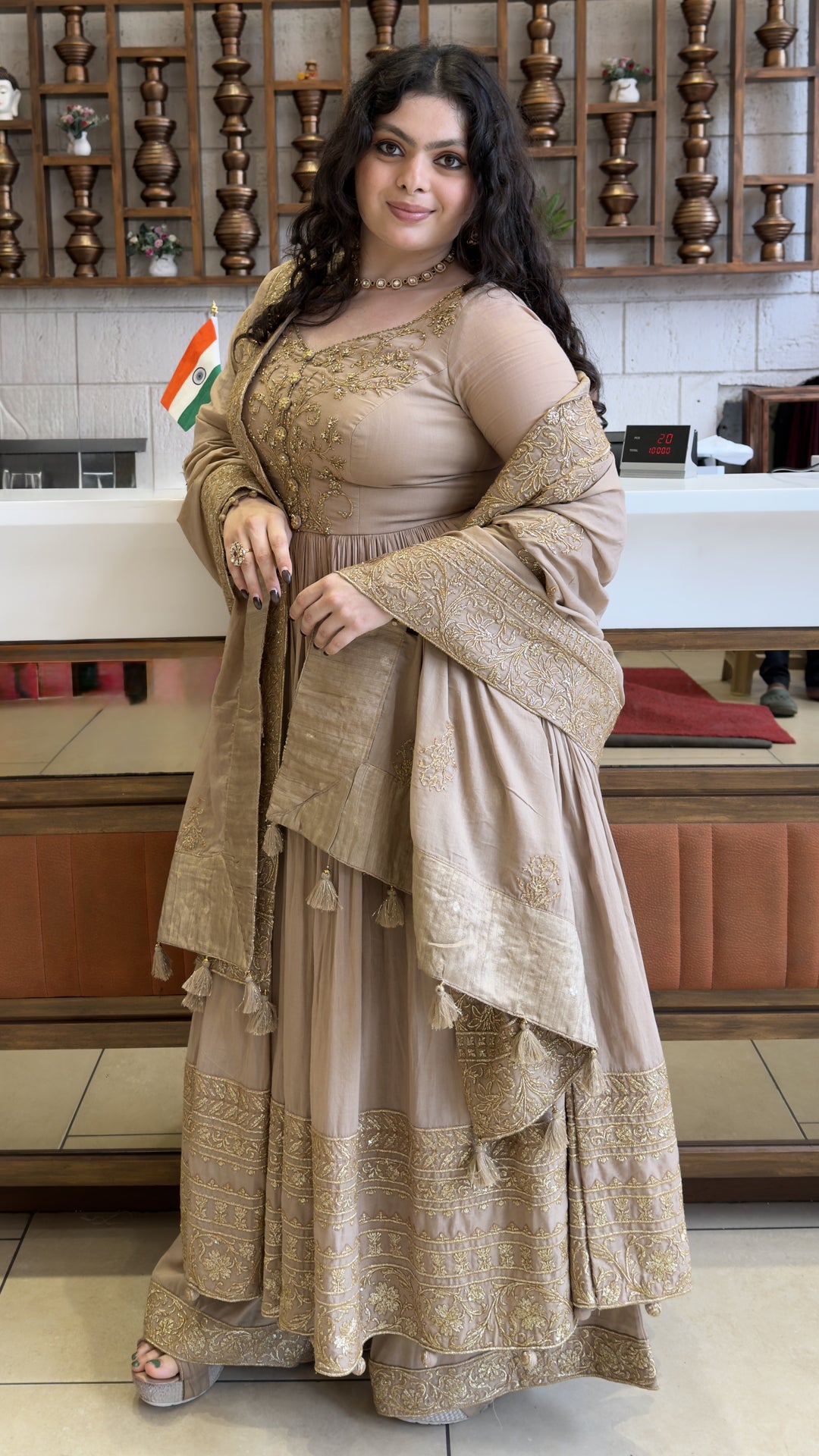 Champagne Beige Designer Anarkali Suit Set with Embroidered Dupatta