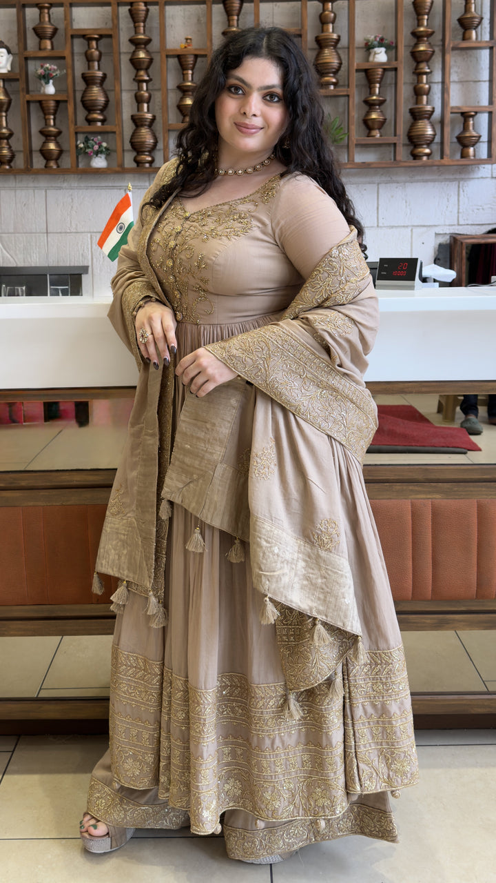 Champagne Beige Designer Anarkali Suit Set with Embroidered Dupatta