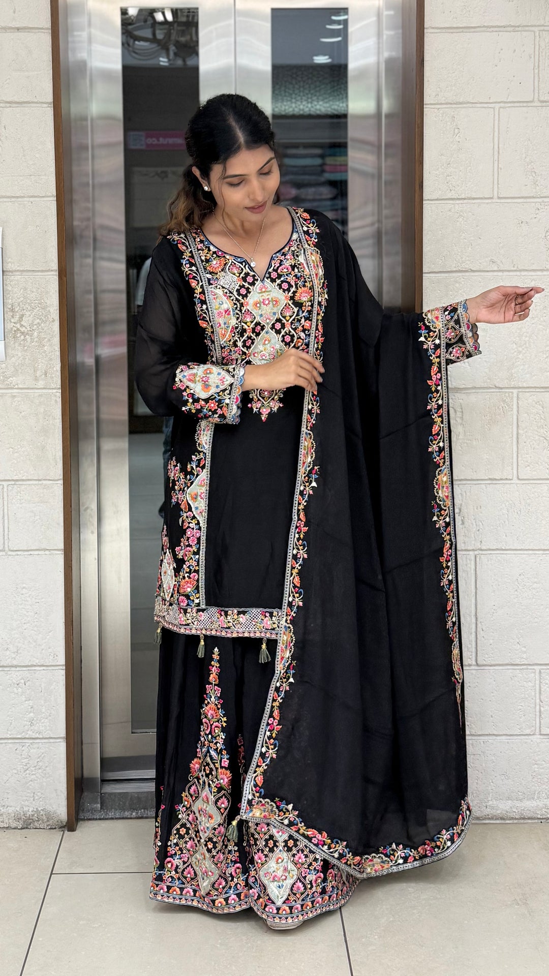 Black Embroidered Anarkali Suit Set with Multicolor Floral Threadwork & Statement Dupatta