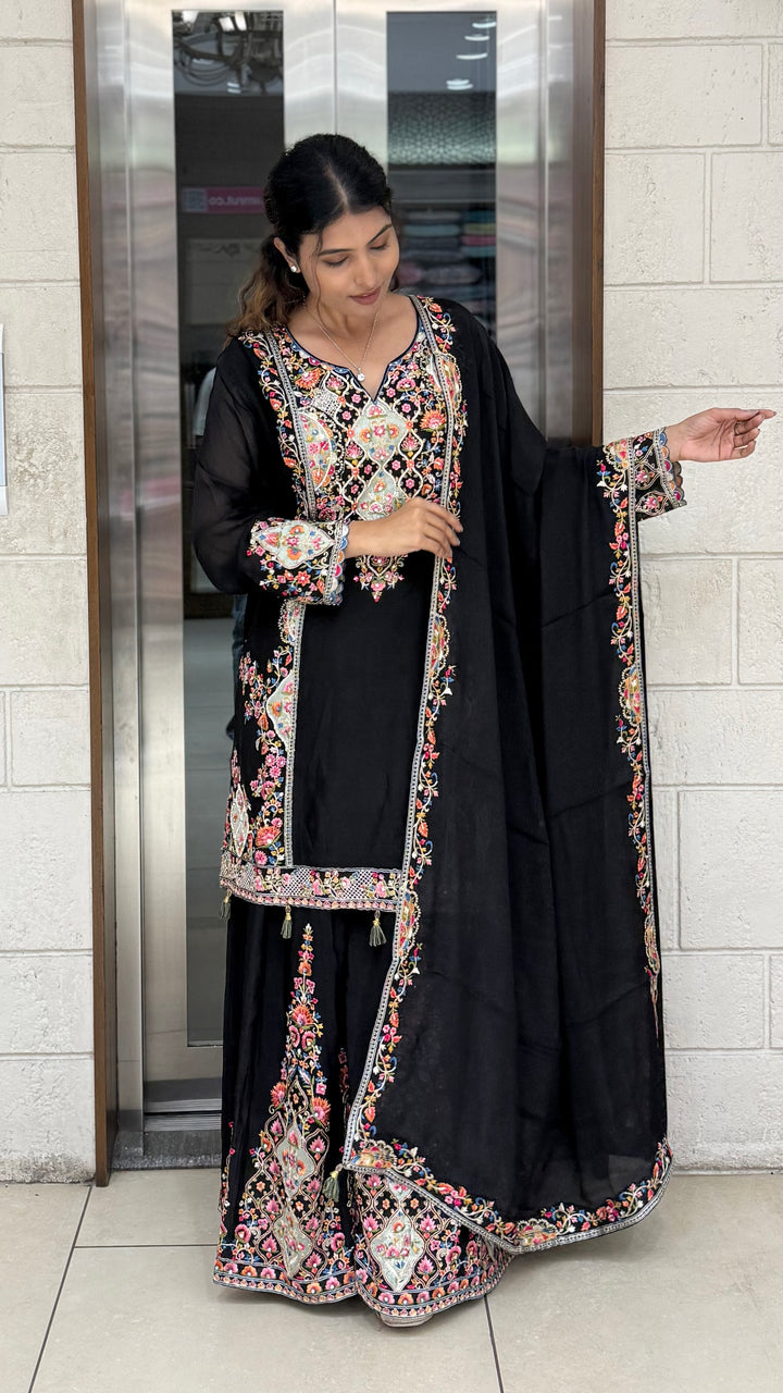 Black Embroidered Anarkali Suit Set with Multicolor Floral Threadwork & Statement Dupatta