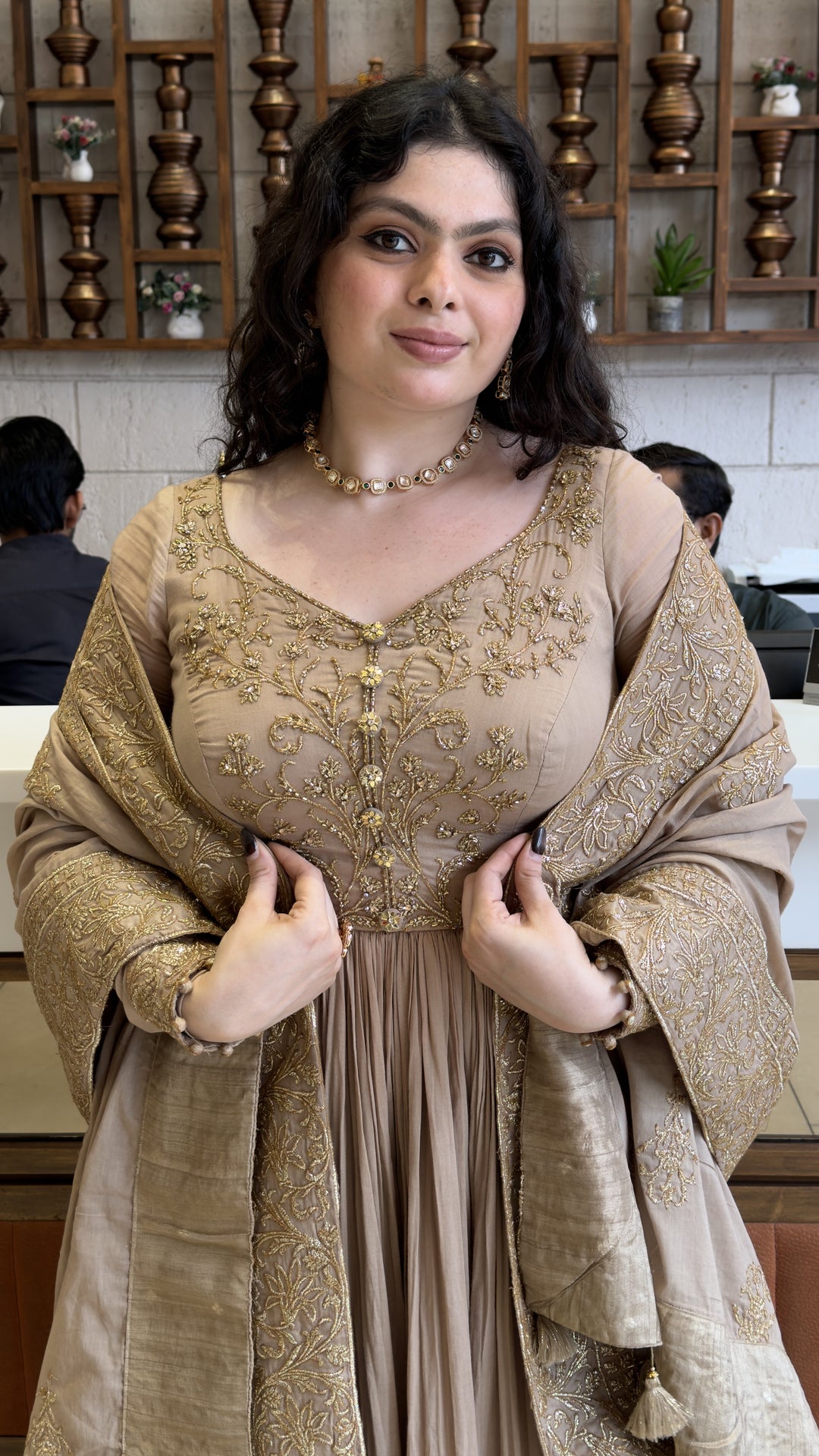 Champagne Beige Designer Anarkali Suit Set with Embroidered Dupatta