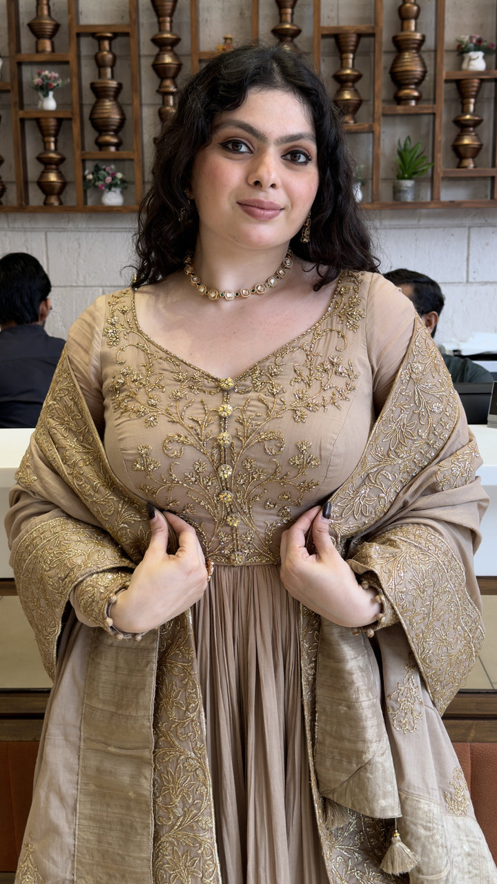 Champagne Beige Designer Anarkali Suit Set with Embroidered Dupatta