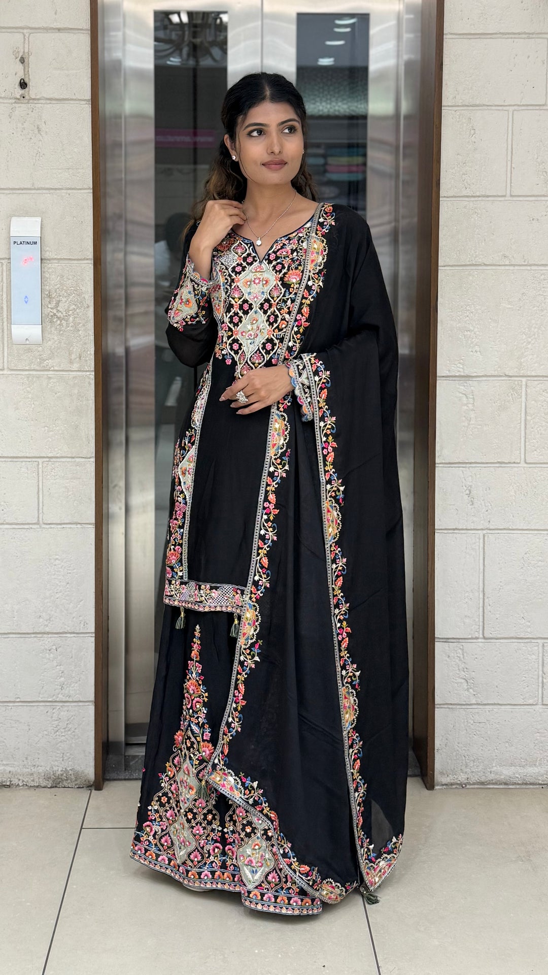 Black Embroidered Anarkali Suit Set with Multicolor Floral Threadwork & Statement Dupatta