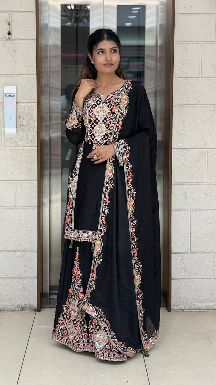 Black Embroidered Anarkali Suit Set with Multicolor Floral Threadwork & Statement Dupatta