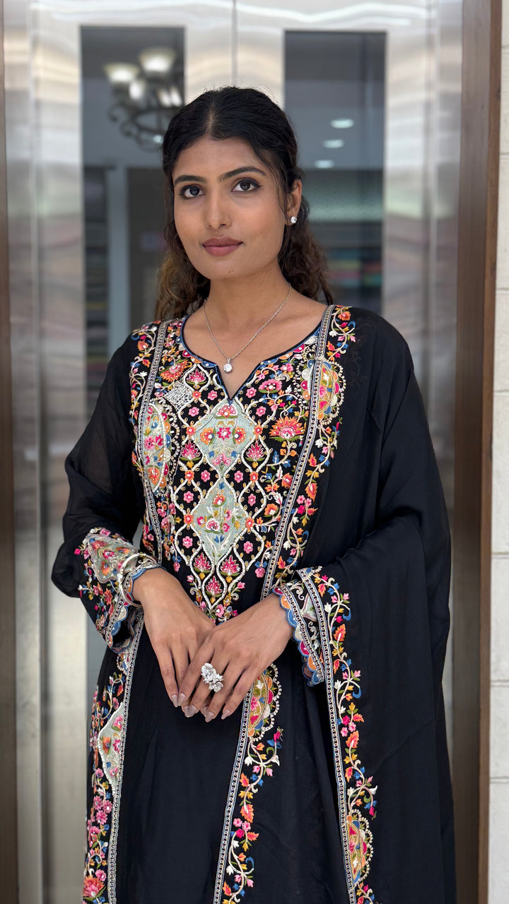 Black Embroidered Anarkali Suit Set with Multicolor Floral Threadwork & Statement Dupatta