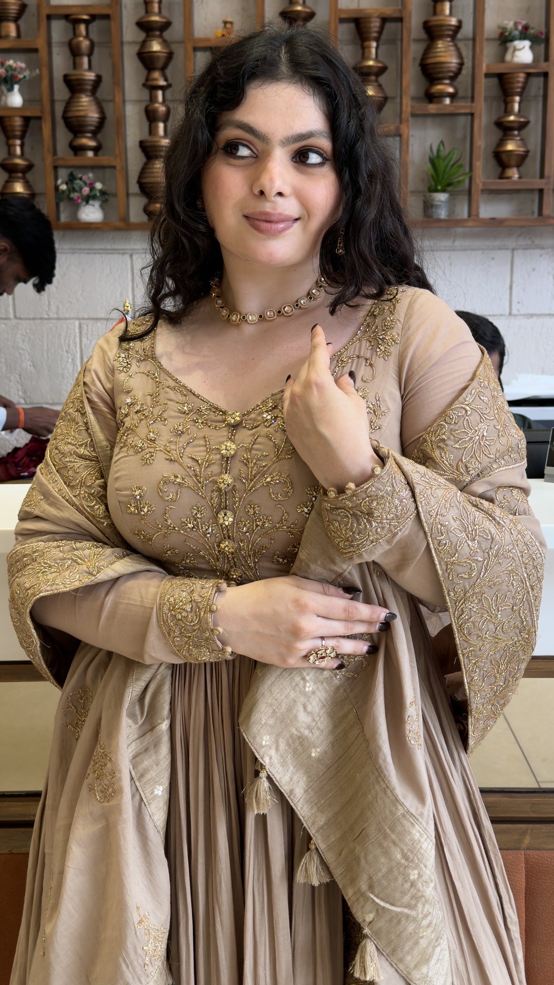 Champagne Beige Designer Anarkali Suit Set with Embroidered Dupatta