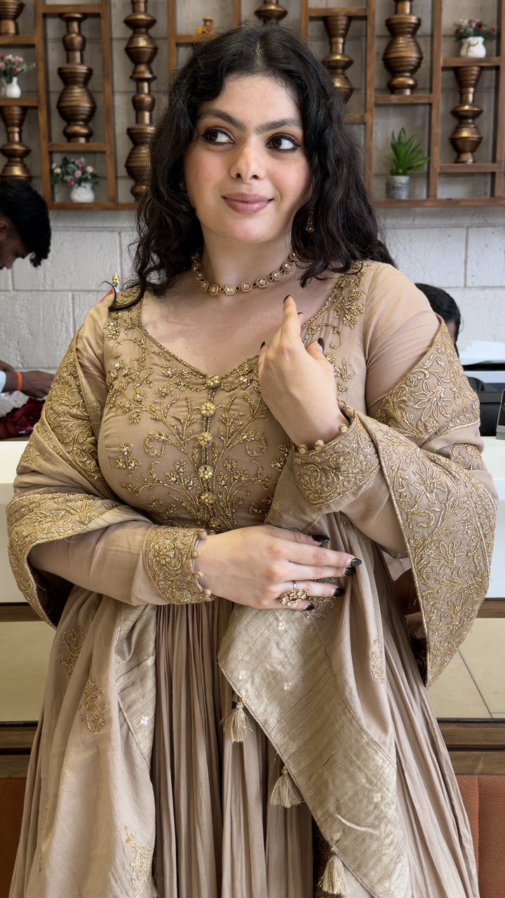 Champagne Beige Designer Anarkali Suit Set with Embroidered Dupatta