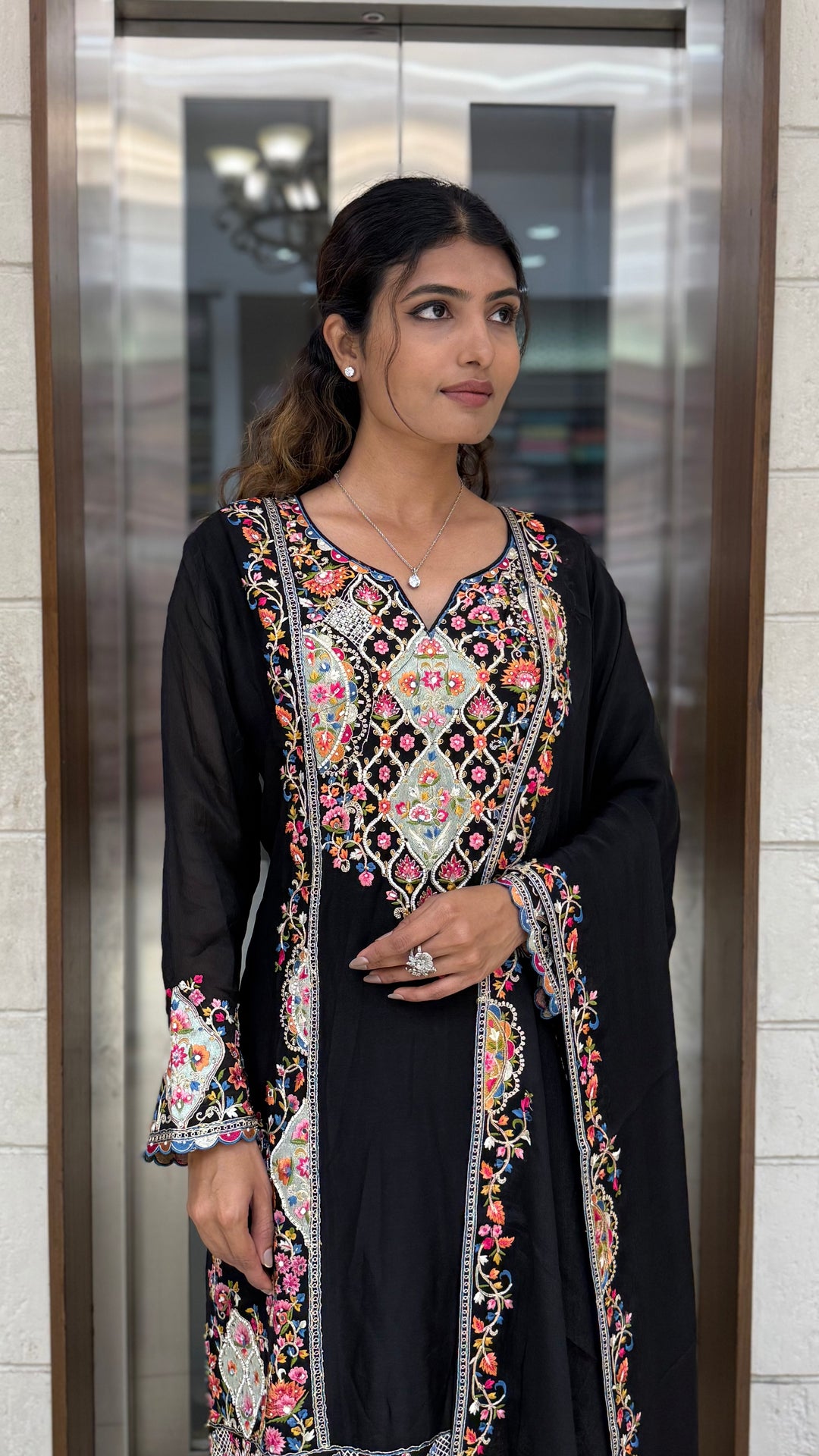 Black Embroidered Anarkali Suit Set with Multicolor Floral Threadwork & Statement Dupatta