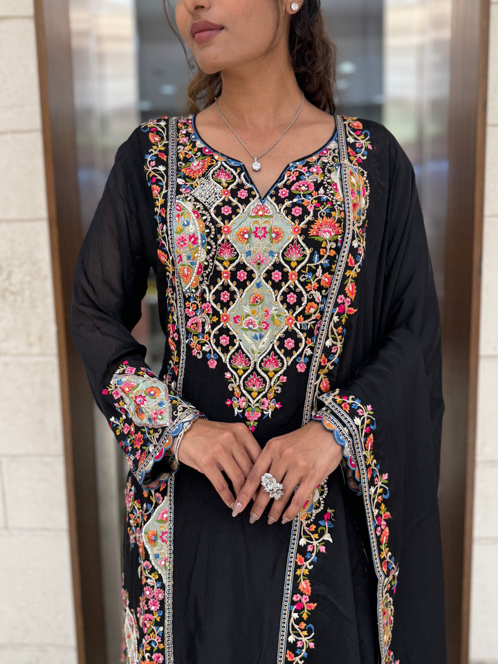 Black Embroidered Anarkali Suit Set with Multicolor Floral Threadwork & Statement Dupatta
