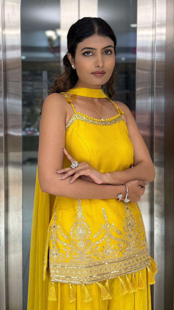 Sunshine Yellow Embellished Kurta Sharara Set with Tassel Detailing