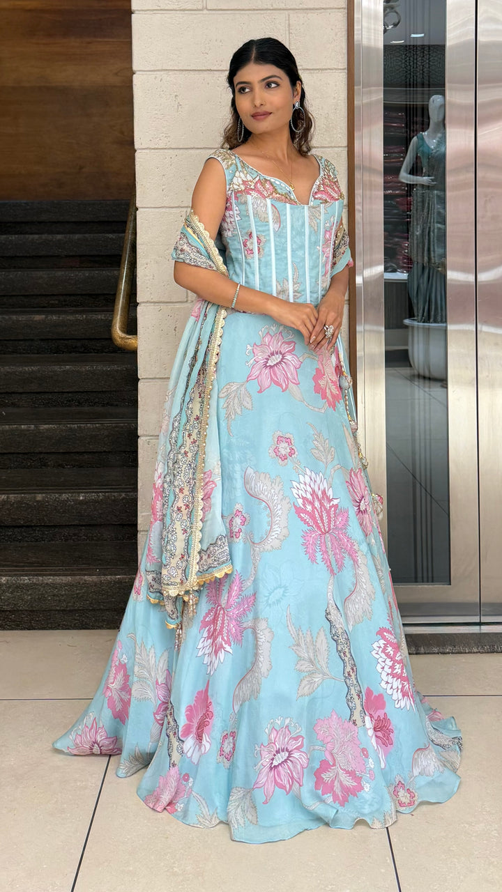 Powder Blue Floral Printed Designer Gown with Corset Bodice & Tassel Dupatta