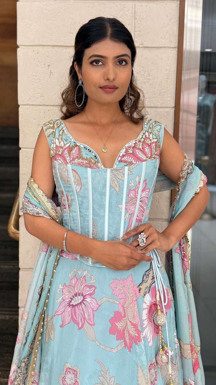 Powder Blue Floral Printed Designer Gown with Corset Bodice & Tassel Dupatta