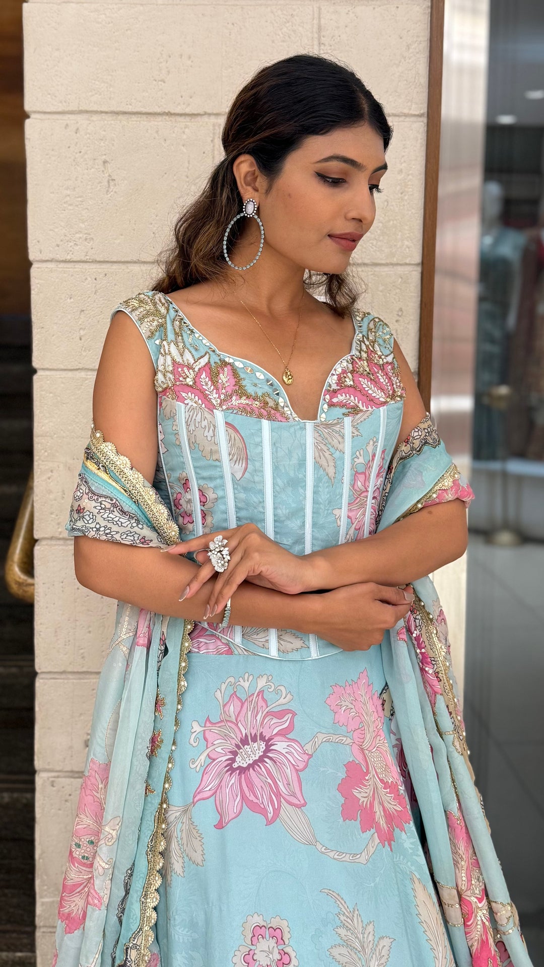 Powder Blue Floral Printed Designer Gown with Corset Bodice & Tassel Dupatta