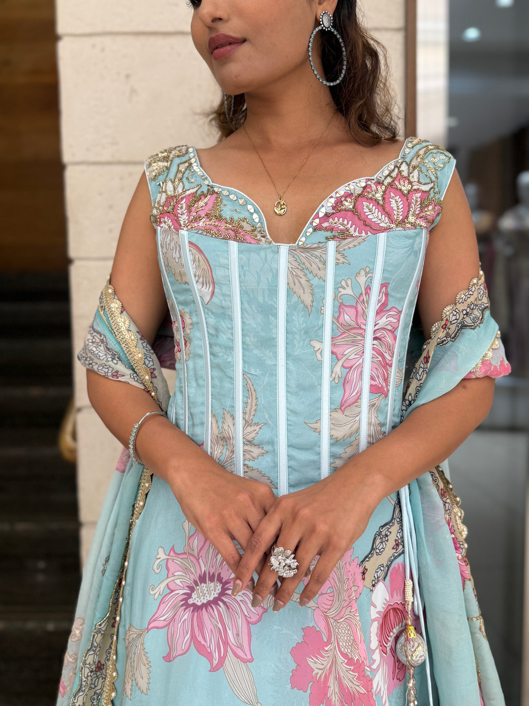 Powder Blue Floral Printed Designer Gown with Corset Bodice & Tassel Dupatta