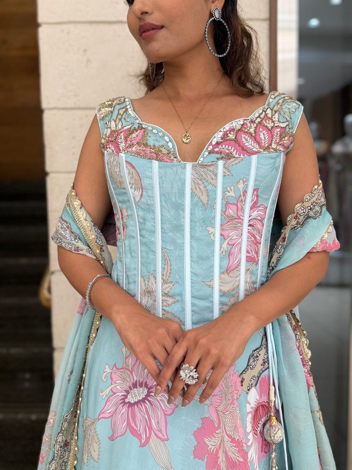 Powder Blue Floral Printed Designer Gown with Corset Bodice & Tassel Dupatta