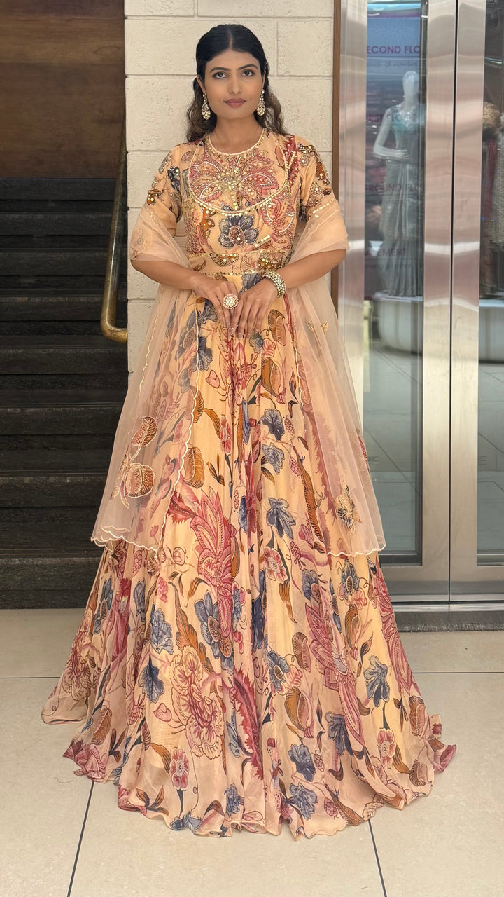 Peach Floral Printed Designer Gown with Heavy Embroidered Yoke & Net Dupatta