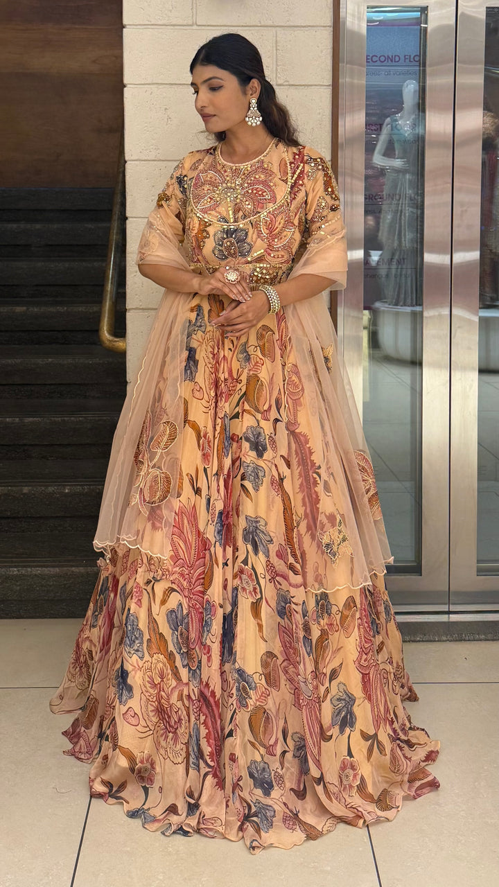 Peach Floral Printed Designer Gown with Heavy Embroidered Yoke & Net Dupatta