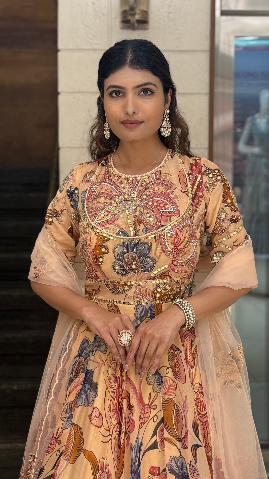 Peach Floral Printed Designer Gown with Heavy Embroidered Yoke & Net Dupatta