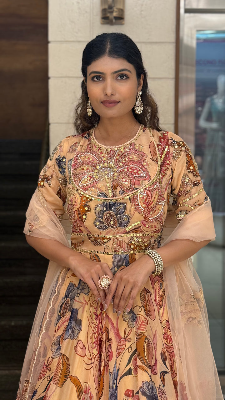 Peach Floral Printed Designer Gown with Heavy Embroidered Yoke & Net Dupatta