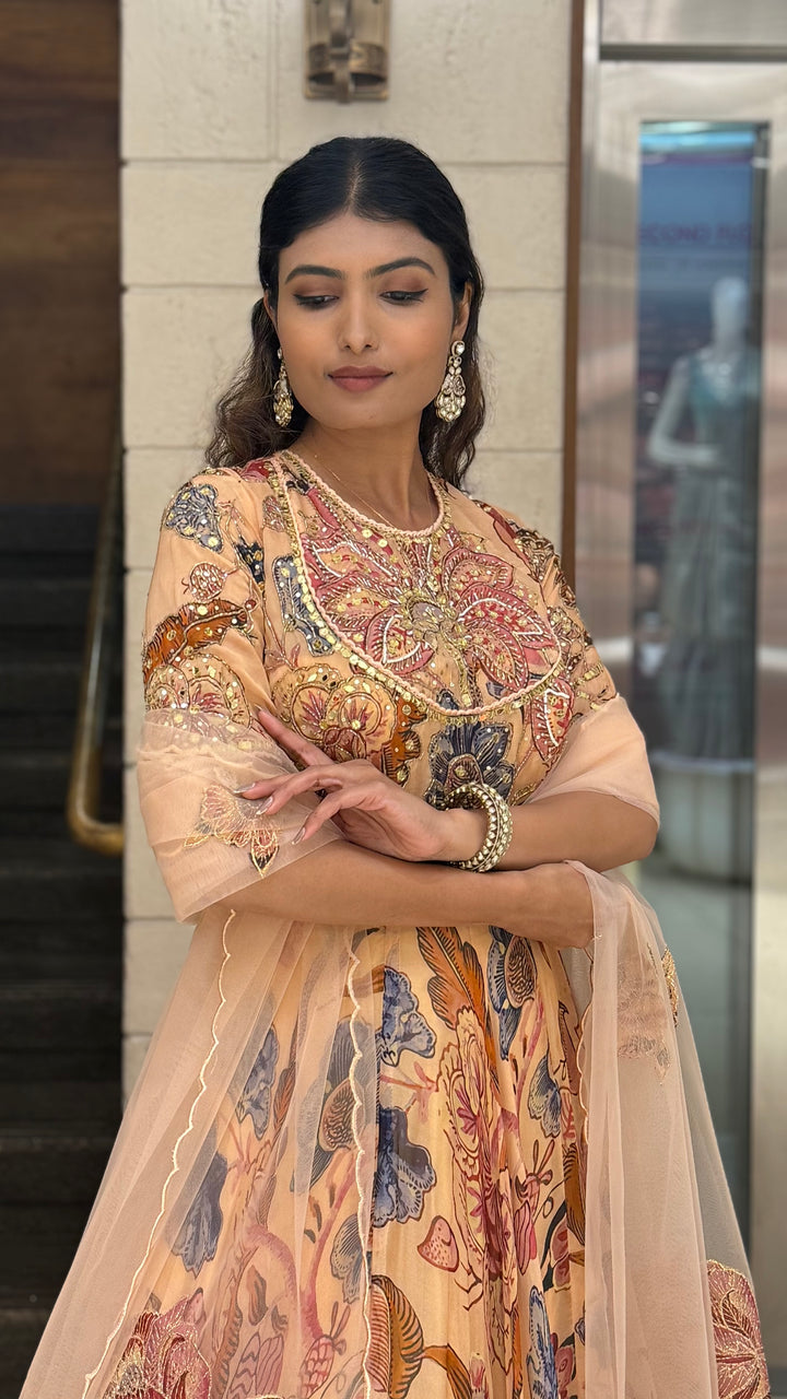 Peach Floral Printed Designer Gown with Heavy Embroidered Yoke & Net Dupatta