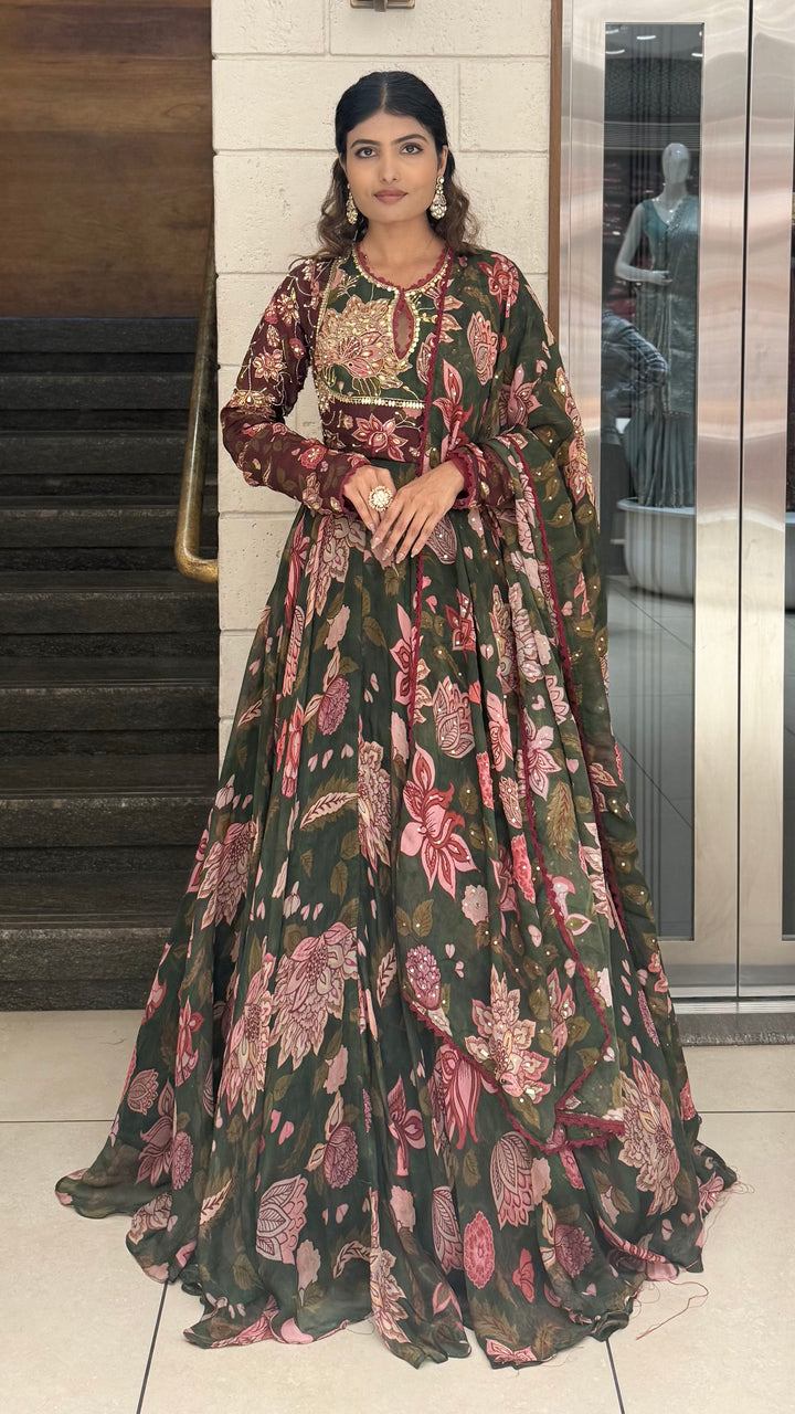 Bottle Green Floral Printed Designer Gown with Embroidered Yoke & Printed Dupatta
