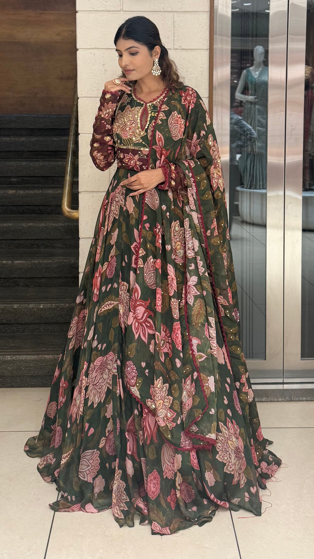 Bottle Green Floral Printed Designer Gown with Embroidered Yoke & Printed Dupatta