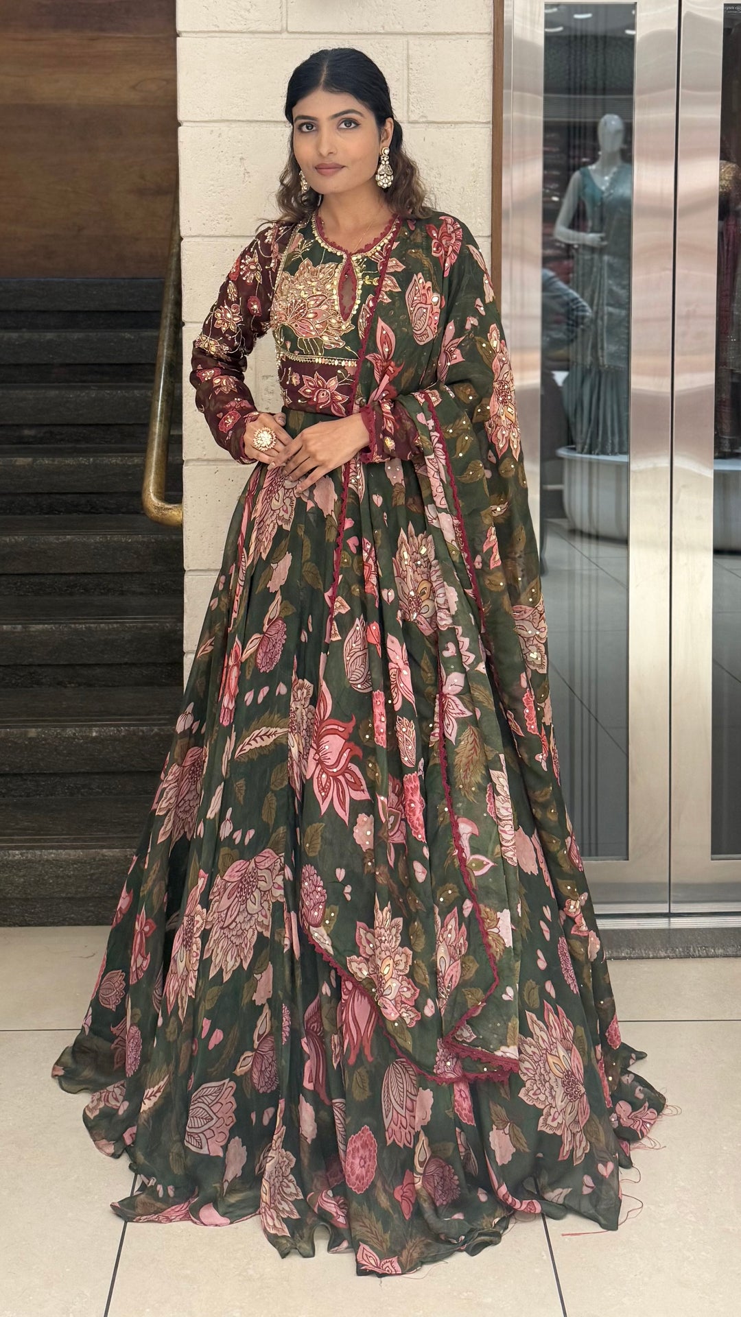 Bottle Green Floral Printed Designer Gown with Embroidered Yoke & Printed Dupatta