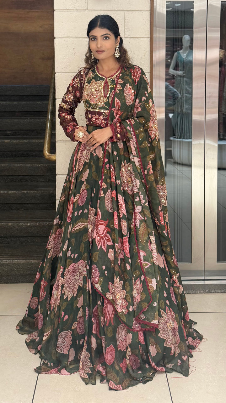 Bottle Green Floral Printed Designer Gown with Embroidered Yoke & Printed Dupatta