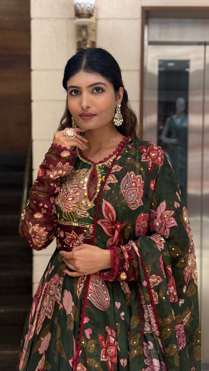 Bottle Green Floral Printed Designer Gown with Embroidered Yoke & Printed Dupatta