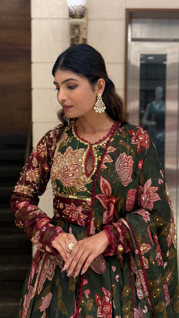 Bottle Green Floral Printed Designer Gown with Embroidered Yoke & Printed Dupatta