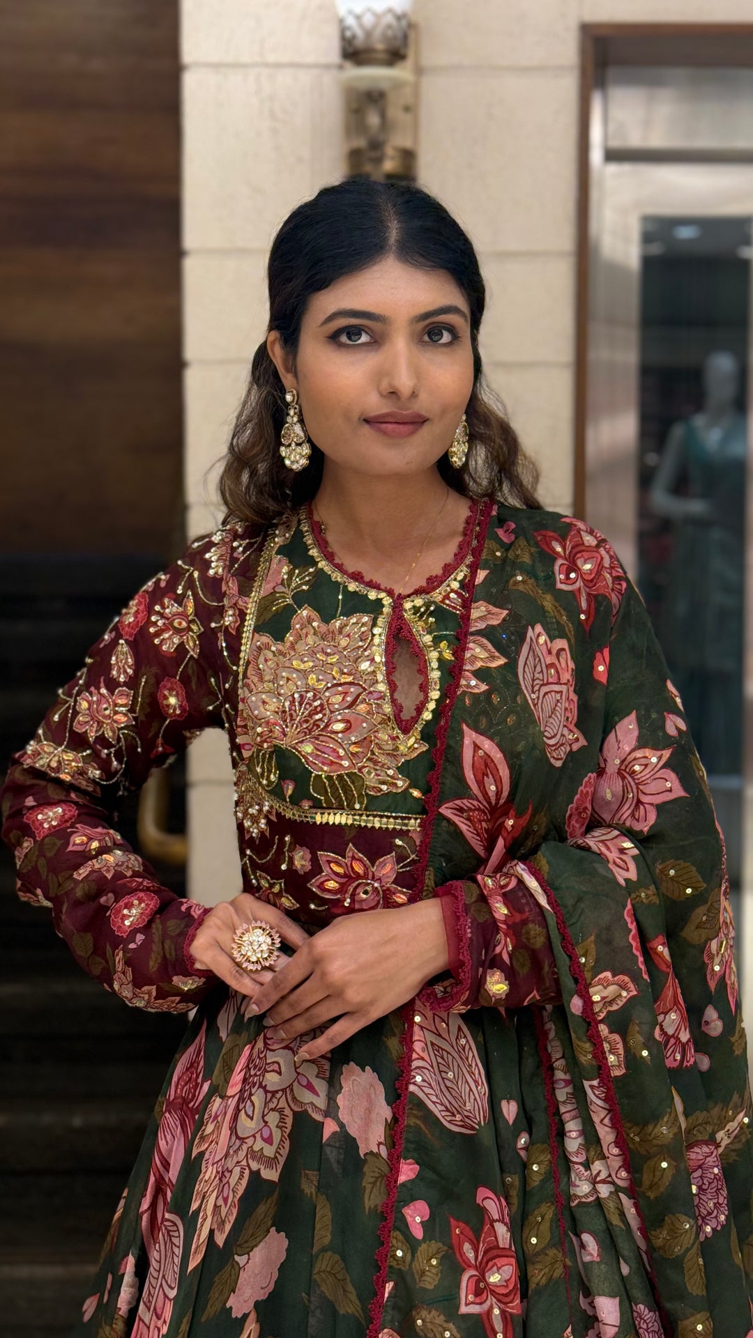 Bottle Green Floral Printed Designer Gown with Embroidered Yoke & Printed Dupatta