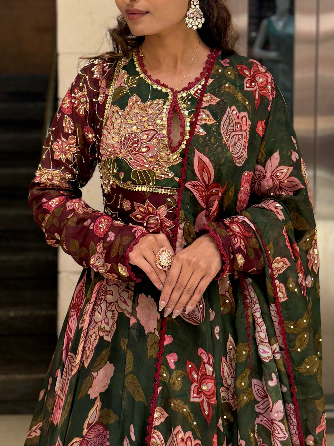 Bottle Green Floral Printed Designer Gown with Embroidered Yoke & Printed Dupatta