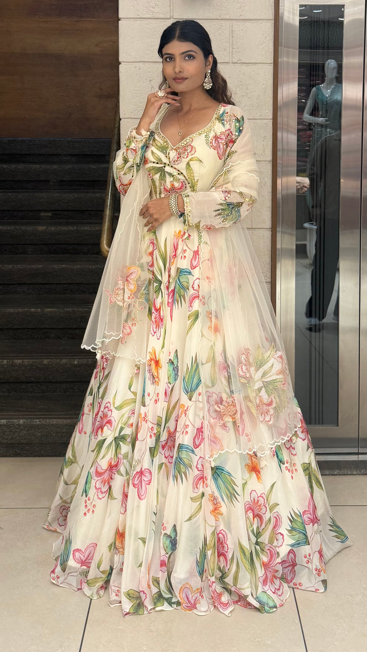 Ivory Floral Printed Designer Gown with Embroidered Bodice & Sheer Net Dupatta