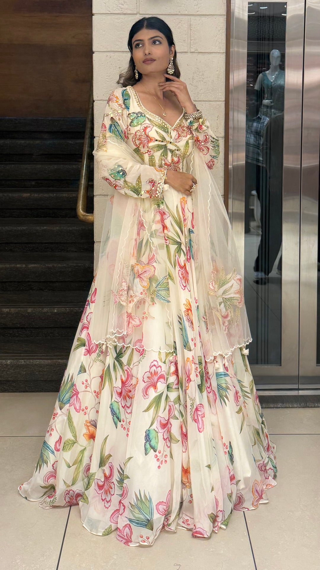 Ivory Floral Printed Designer Gown with Embroidered Bodice & Sheer Net Dupatta