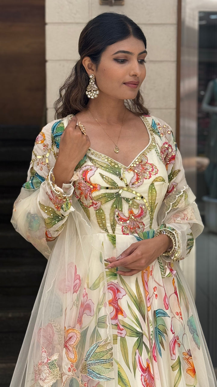 Ivory Floral Printed Designer Gown with Embroidered Bodice & Sheer Net Dupatta