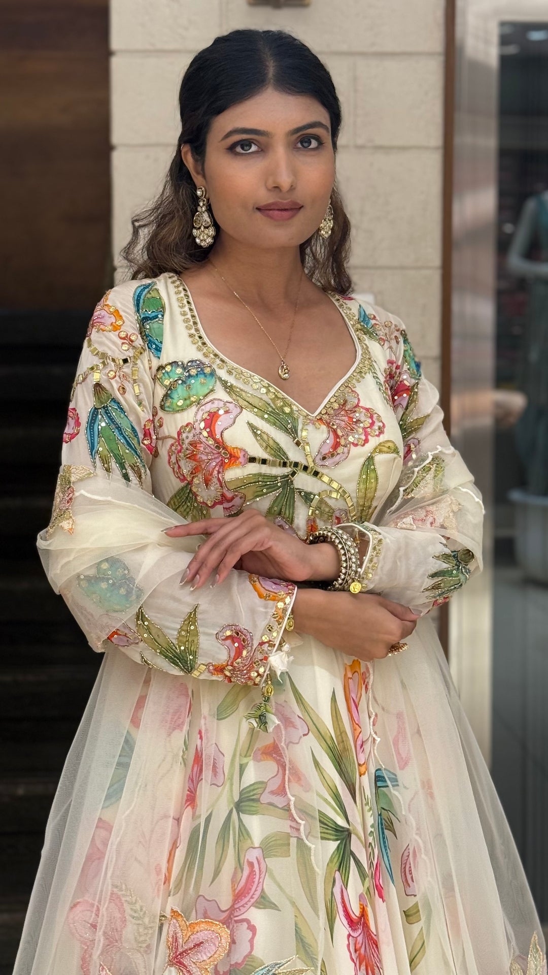 Ivory Floral Printed Designer Gown with Embroidered Bodice & Sheer Net Dupatta