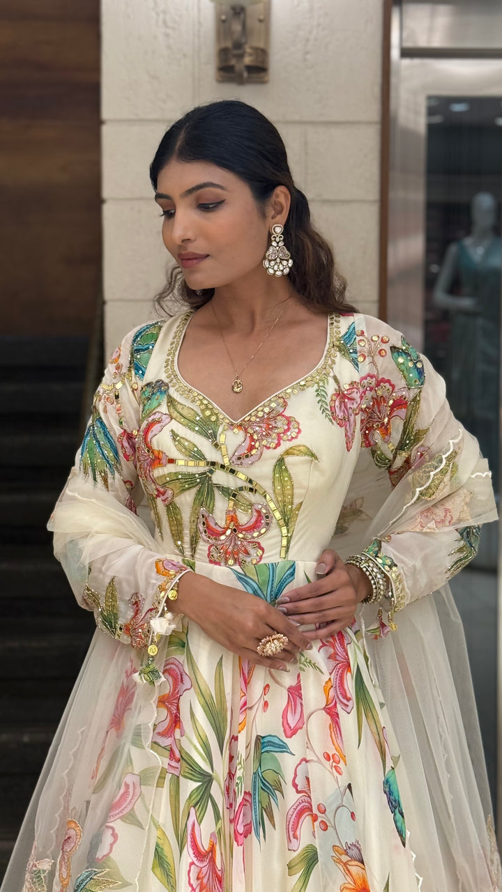 Ivory Floral Printed Designer Gown with Embroidered Bodice & Sheer Net Dupatta