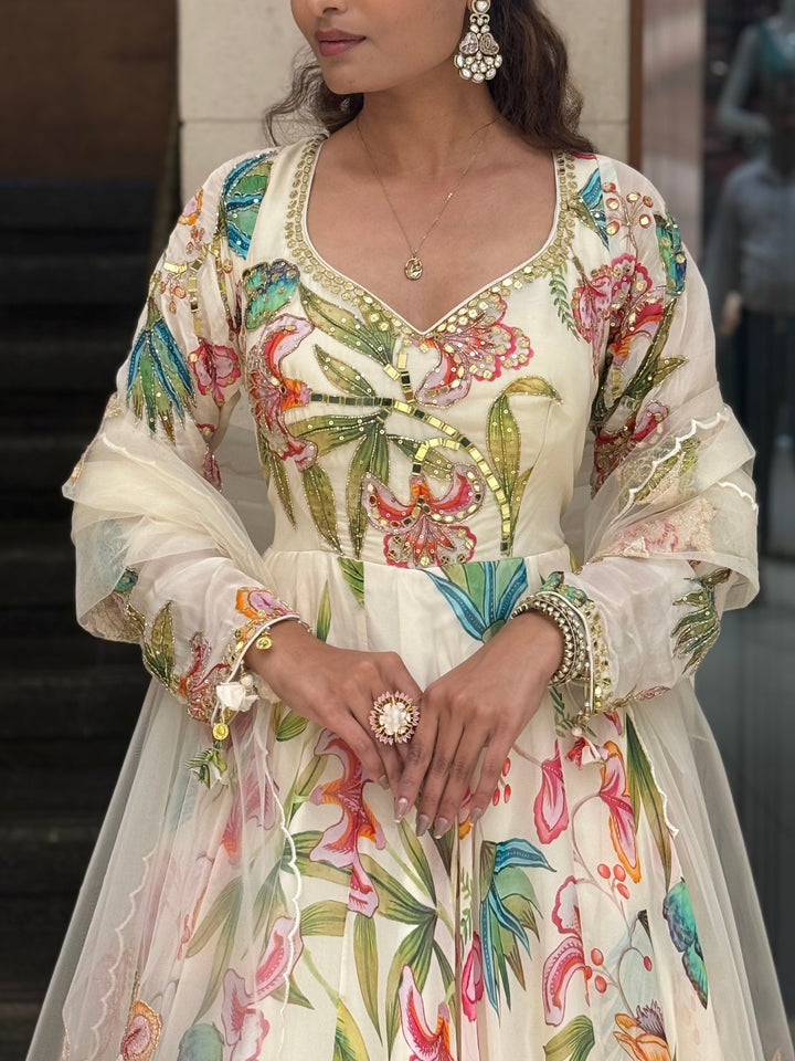 Ivory Floral Printed Designer Gown with Embroidered Bodice & Sheer Net Dupatta