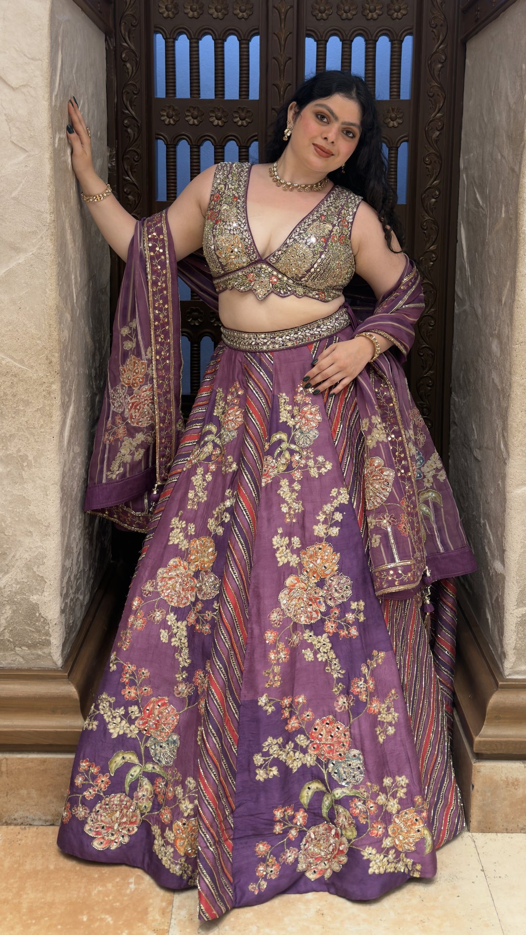 Royal Purple Floral Embroidered Designer Lehenga Set with Mirror Work Blouse