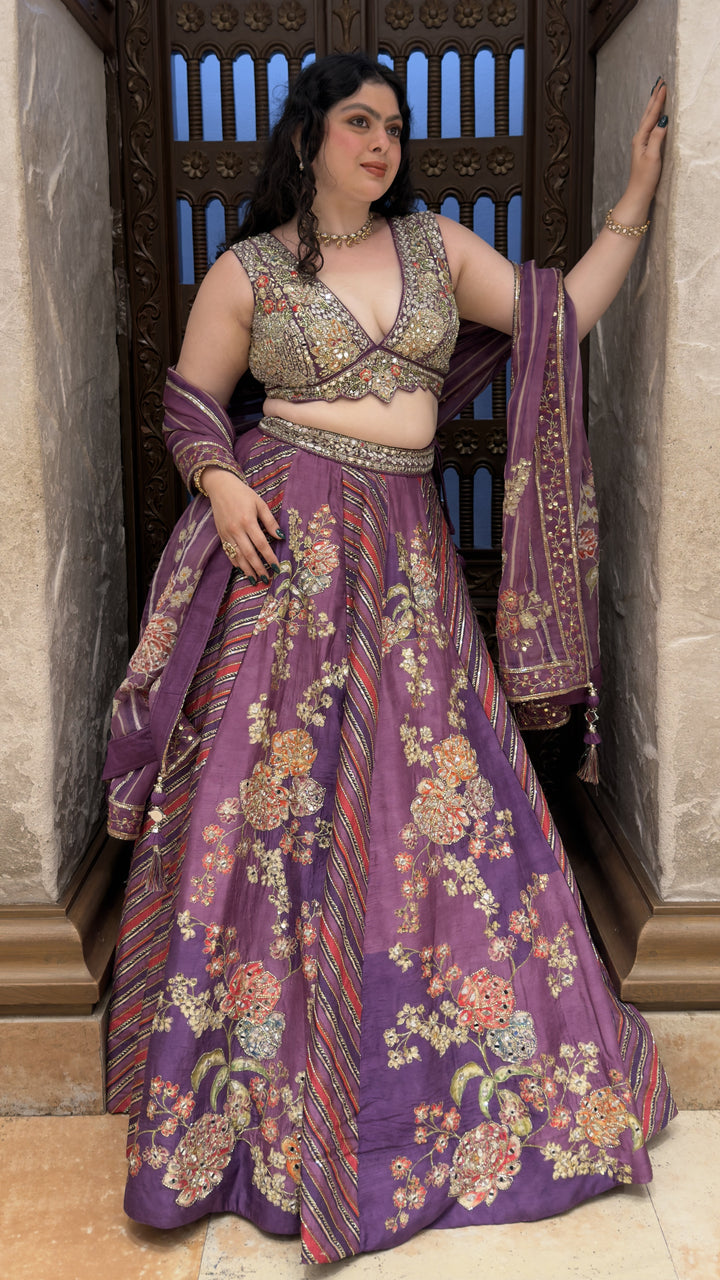 Royal Purple Floral Embroidered Designer Lehenga Set with Mirror Work Blouse
