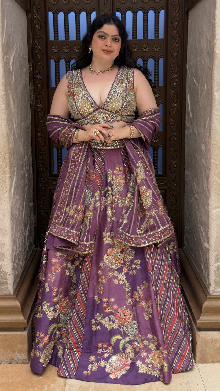 Royal Purple Floral Embroidered Designer Lehenga Set with Mirror Work Blouse