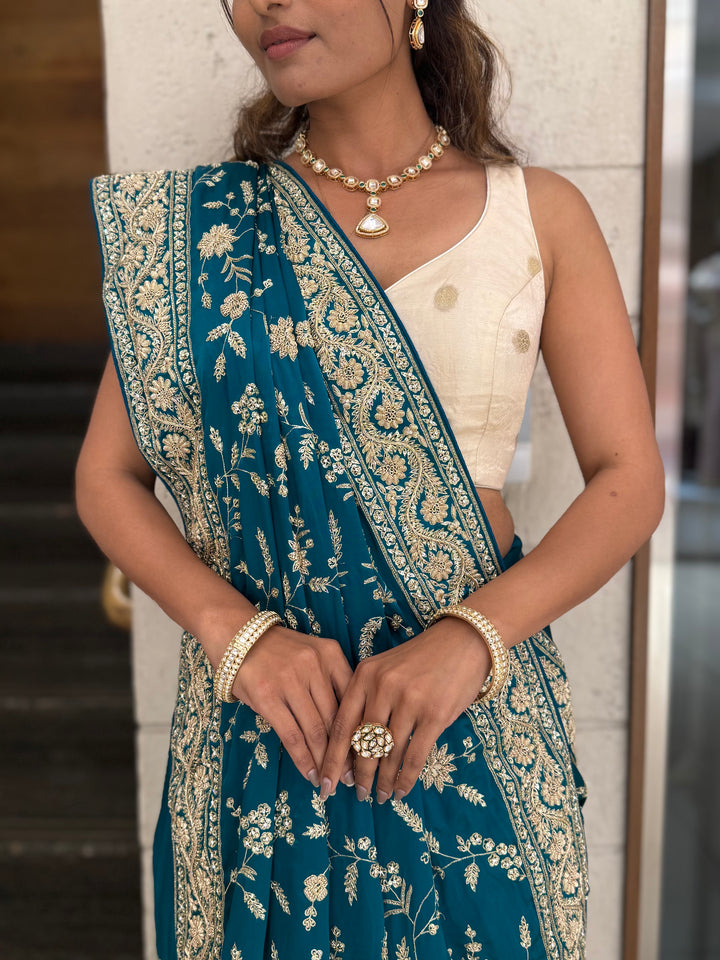 Teal Blue Heavy Embroidered Designer Saree with Gold Zari Work & Contrast Blouse
