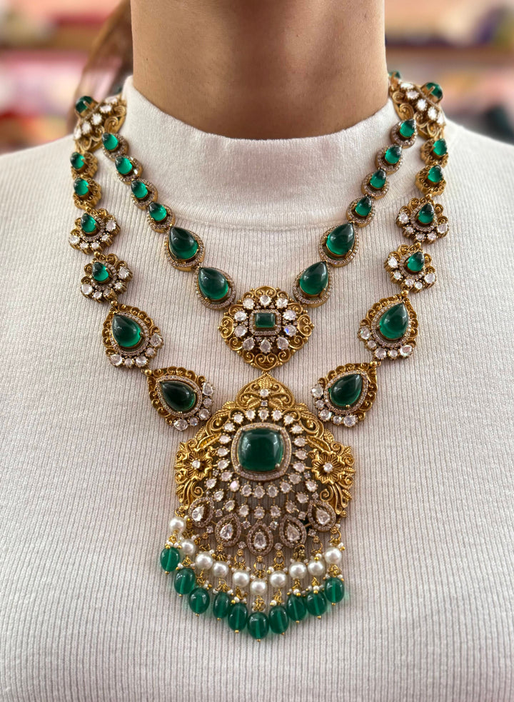 Grand Antique Gold Necklace with Green Stone & Pearl Drops