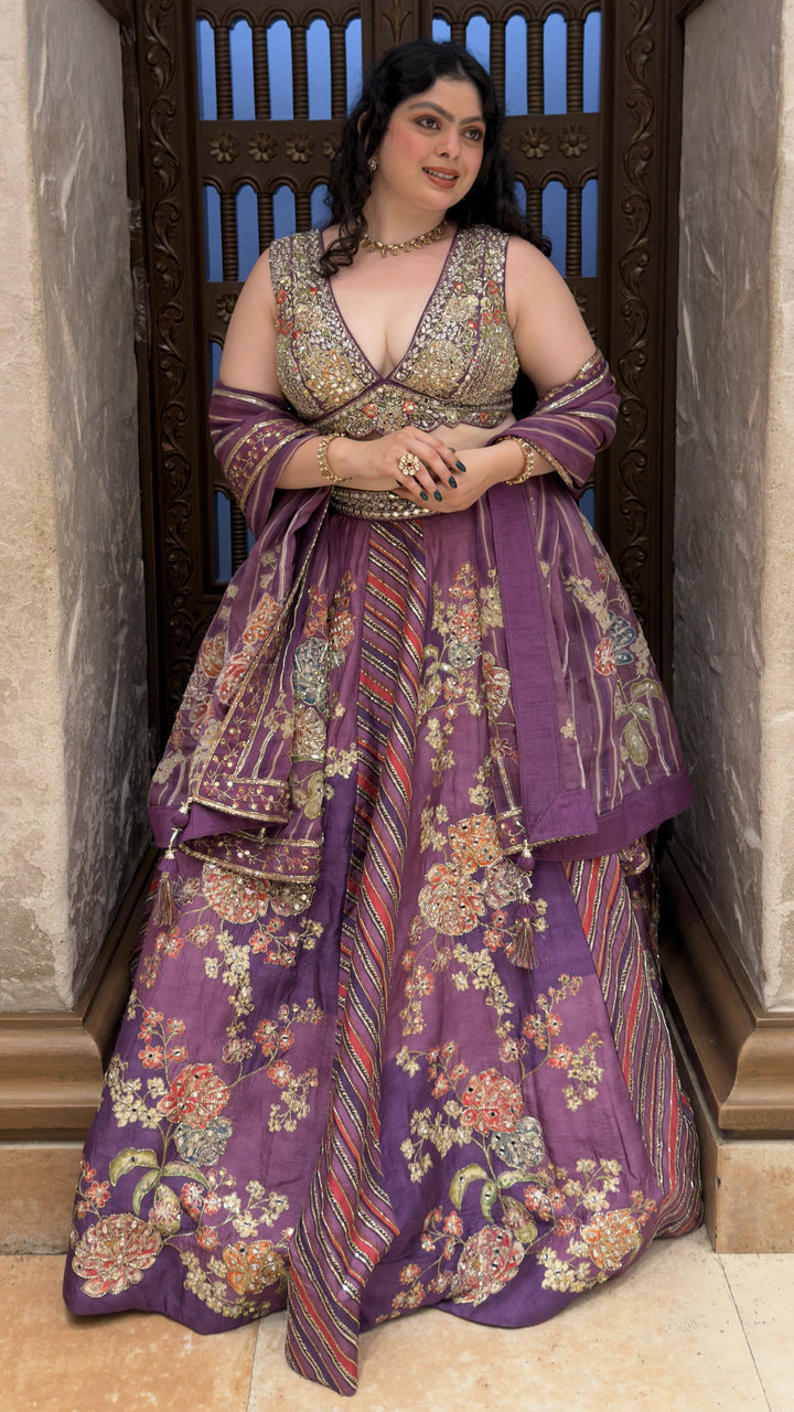 Royal Purple Floral Embroidered Designer Lehenga Set with Mirror Work Blouse