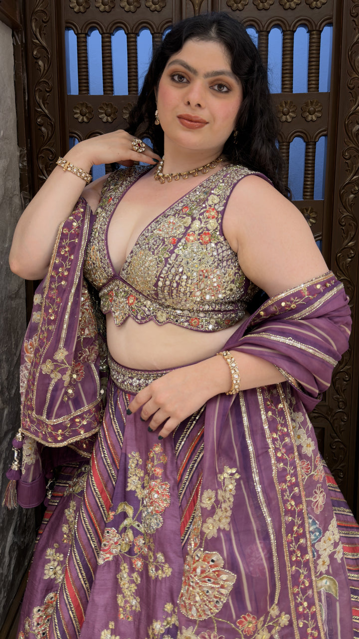 Royal Purple Floral Embroidered Designer Lehenga Set with Mirror Work Blouse